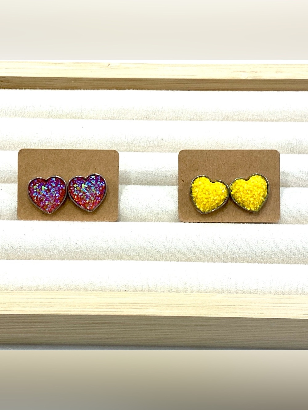 Heart Shaped Yellow Druzy Stud Earrings Set